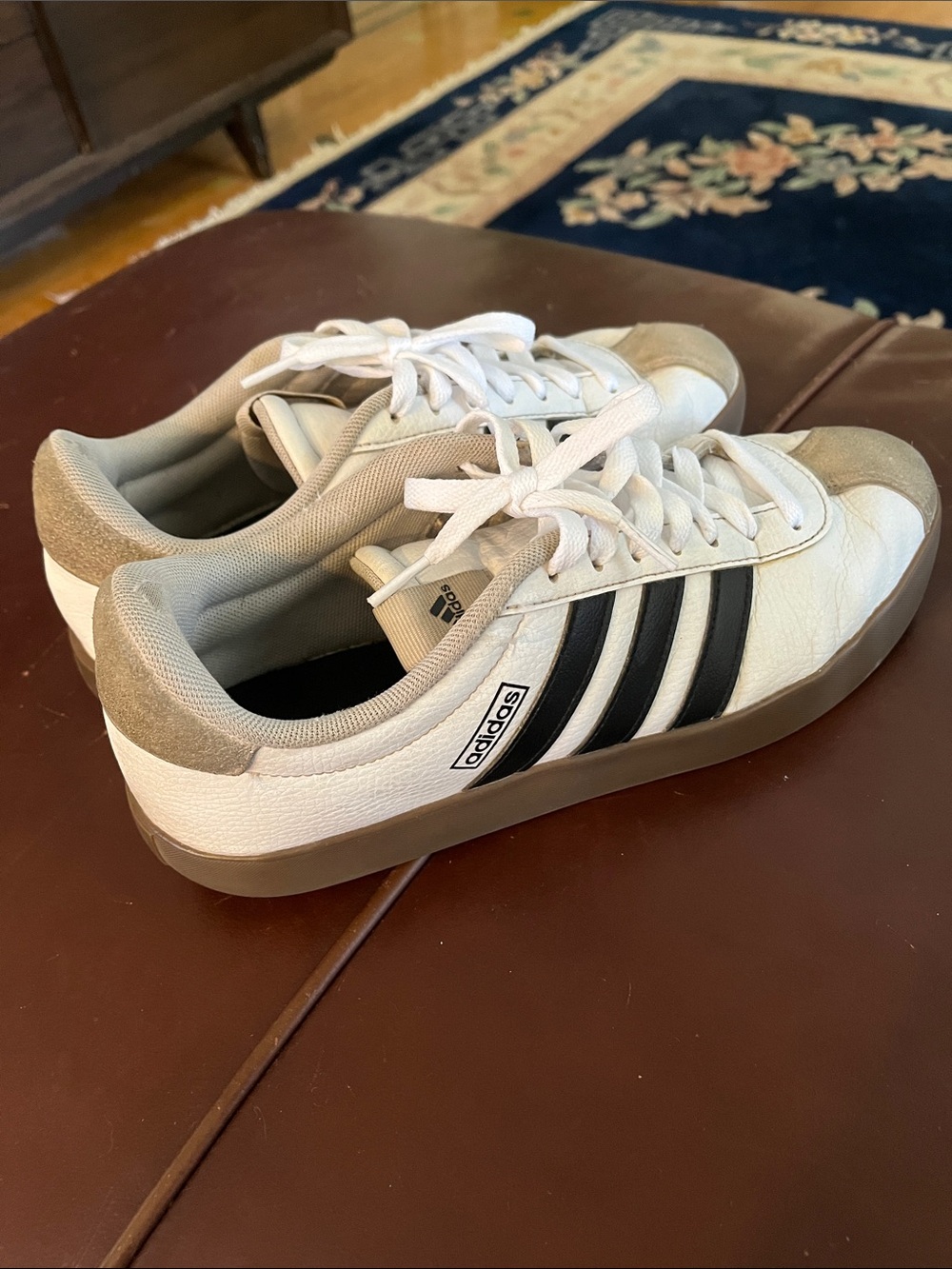 adidas White Sneakers with Black Stripes and Tan Accents